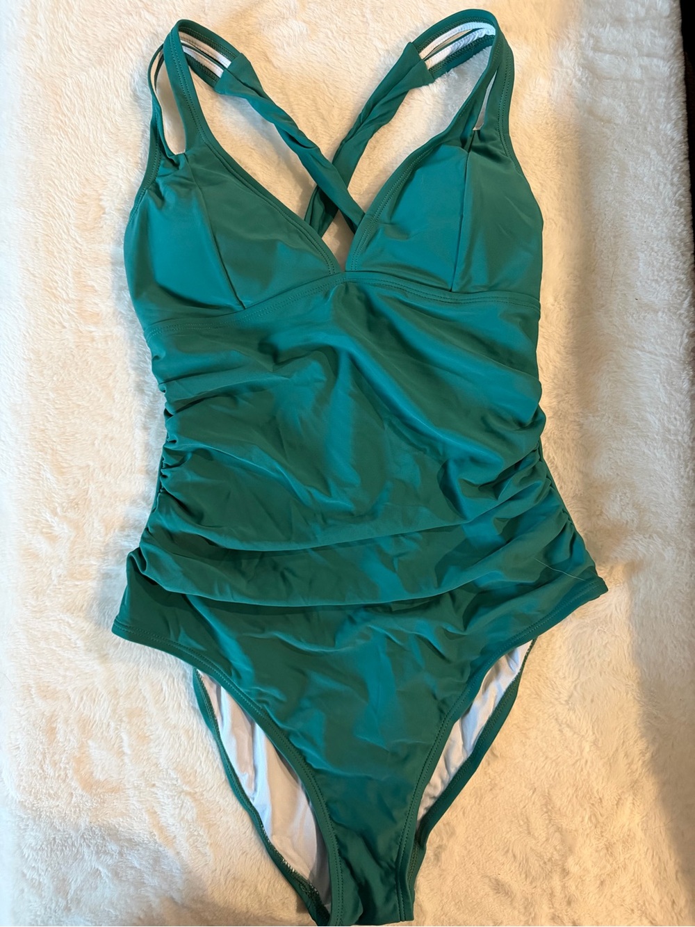 NWT Cupahe Women’s Teal Ruched One-Piece Swimsuit with Cross-Back Straps
